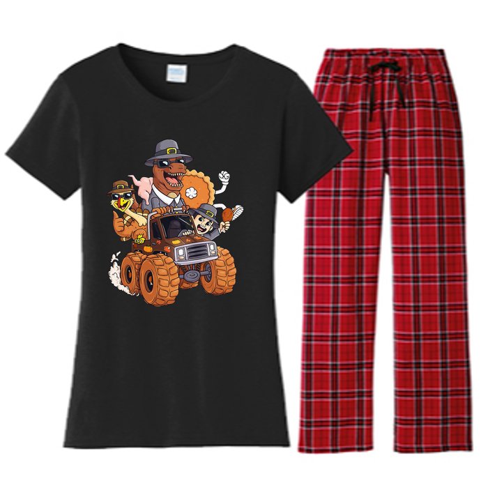 Thanksgiving Turkey Pie Pilgrim T Rex Riding Truck Women's Flannel Pajama Set