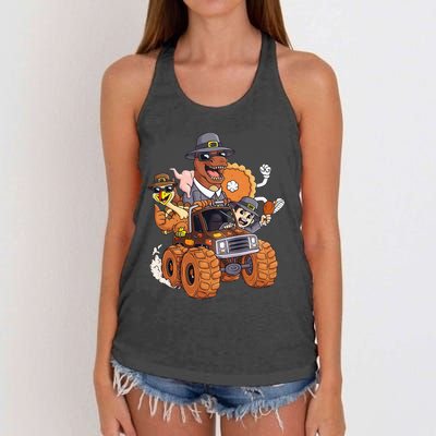 Thanksgiving Turkey Pie Pilgrim T Rex Riding Truck Women's Knotted Racerback Tank