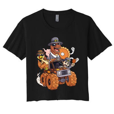 Thanksgiving Turkey Pie Pilgrim T Rex Riding Truck Women's Crop Top Tee