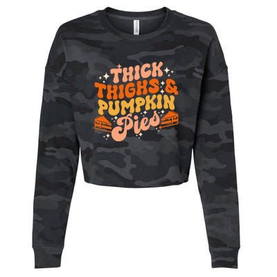 Thick Thighs Pumpkin Pies Autumn Thanksgiving Groovy Retro Cropped Pullover Crew