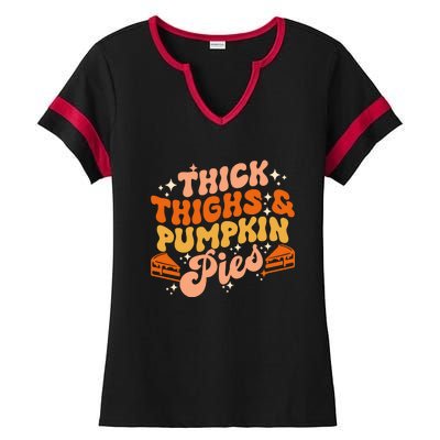 Thick Thighs Pumpkin Pies Autumn Thanksgiving Groovy Retro Ladies Halftime Notch Neck Tee