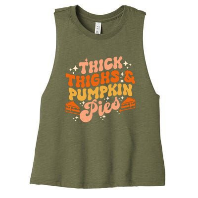 Thick Thighs Pumpkin Pies Autumn Thanksgiving Groovy Retro Women's Racerback Cropped Tank