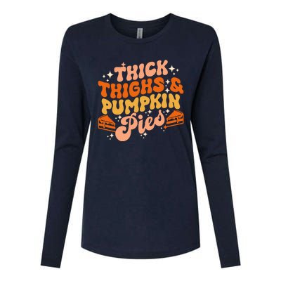 Thick Thighs Pumpkin Pies Autumn Thanksgiving Groovy Retro Womens Cotton Relaxed Long Sleeve T-Shirt