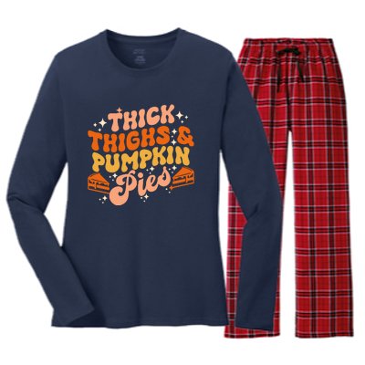 Thick Thighs Pumpkin Pies Autumn Thanksgiving Groovy Retro Women's Long Sleeve Flannel Pajama Set 