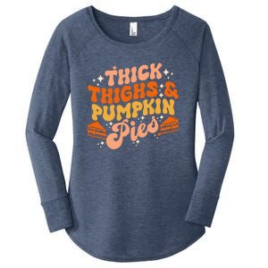 Thick Thighs Pumpkin Pies Autumn Thanksgiving Groovy Retro Women's Perfect Tri Tunic Long Sleeve Shirt