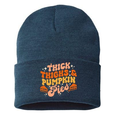 Thick Thighs Pumpkin Pies Autumn Thanksgiving Groovy Retro Sustainable Knit Beanie