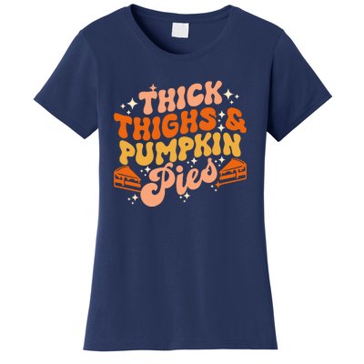 Thick Thighs Pumpkin Pies Autumn Thanksgiving Groovy Retro Women's T-Shirt