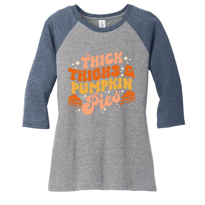 Thick Thighs Pumpkin Pies Autumn Thanksgiving Groovy Retro Women's Tri-Blend 3/4-Sleeve Raglan Shirt