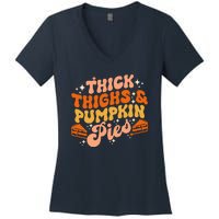 Thick Thighs Pumpkin Pies Autumn Thanksgiving Groovy Retro Women's V-Neck T-Shirt