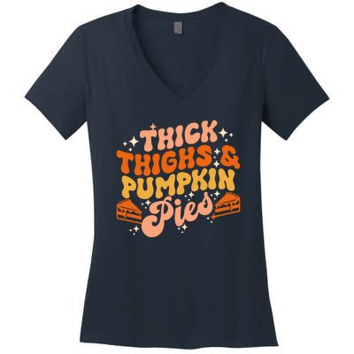 Thick Thighs Pumpkin Pies Autumn Thanksgiving Groovy Retro Women's V-Neck T-Shirt