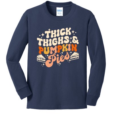 Thick Thighs Pumpkin Pies Autumn Thanksgiving Groovy Retro Kids Long Sleeve Shirt