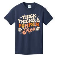 Thick Thighs Pumpkin Pies Autumn Thanksgiving Groovy Retro Kids T-Shirt