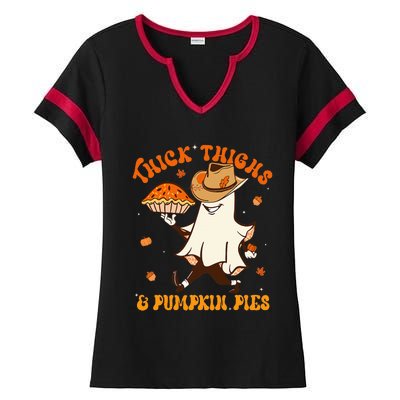 Thick Thighs Pumpkin Pies Howdy Ghost Halloween Thanksgiving Ladies Halftime Notch Neck Tee