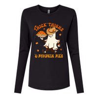 Thick Thighs Pumpkin Pies Howdy Ghost Halloween Thanksgiving Womens Cotton Relaxed Long Sleeve T-Shirt