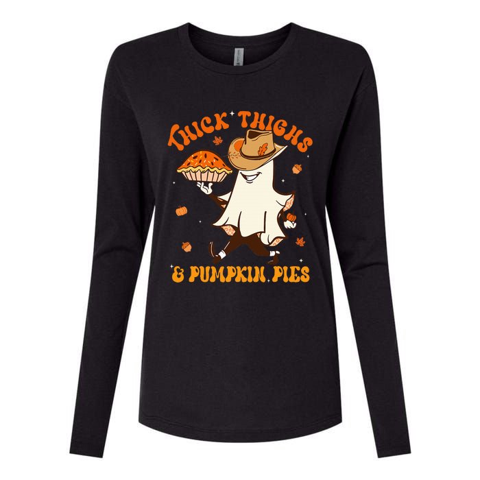 Thick Thighs Pumpkin Pies Howdy Ghost Halloween Thanksgiving Womens Cotton Relaxed Long Sleeve T-Shirt