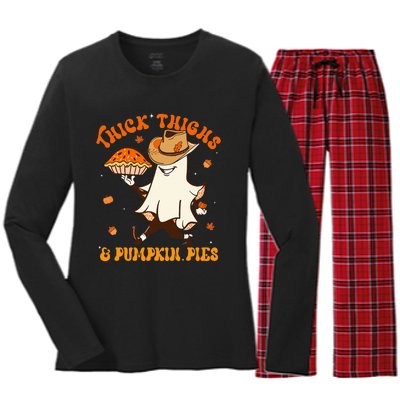 Thick Thighs Pumpkin Pies Howdy Ghost Halloween Thanksgiving Women's Long Sleeve Flannel Pajama Set 