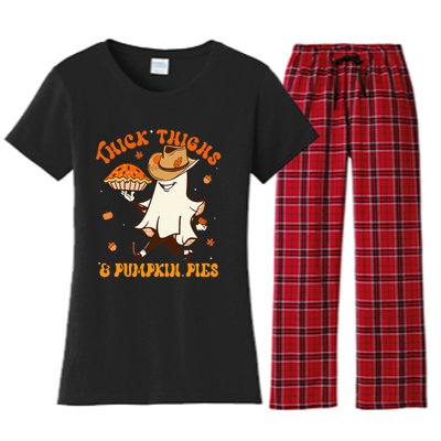 Thick Thighs Pumpkin Pies Howdy Ghost Halloween Thanksgiving Women's Flannel Pajama Set