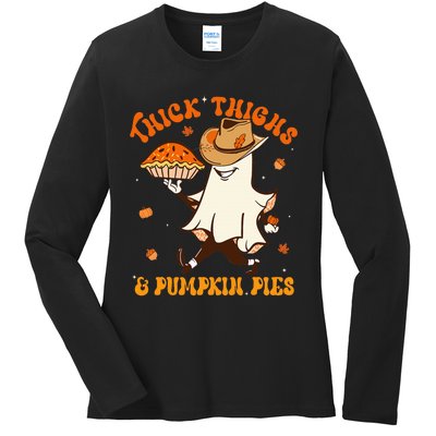 Thick Thighs Pumpkin Pies Howdy Ghost Halloween Thanksgiving Ladies Long Sleeve Shirt