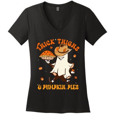 Thick Thighs Pumpkin Pies Howdy Ghost Halloween Thanksgiving Women's V-Neck T-Shirt