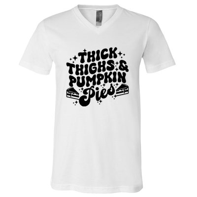 Thick Thighs Pumpkin Pies Autumn Thanksgiving Groovy Retro V-Neck T-Shirt