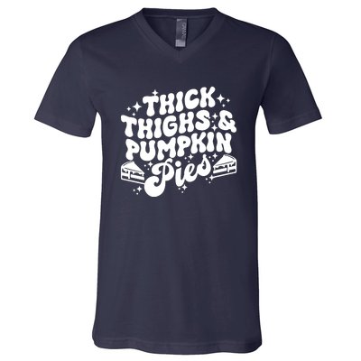 Thick Thighs Pumpkin Pies Autumn Thanksgiving Groovy Retro V-Neck T-Shirt