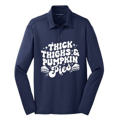 Thick Thighs Pumpkin Pies Autumn Thanksgiving Groovy Retro Silk Touch Performance Long Sleeve Polo