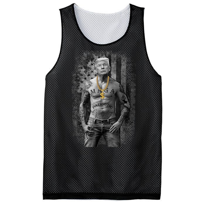 Trump Tattoo Patriotic Gangster Anti Liberal Pro Trump Republican Gifts Mesh Reversible Basketball Jersey Tank