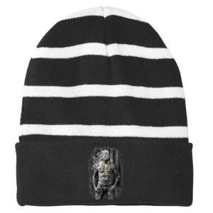 Trump Tattoo Patriotic Gangster Anti Liberal Pro Trump Republican Gifts Striped Beanie with Solid Band