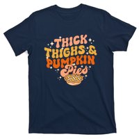 Thick Thighs Pumpkin Pies Autumn Thanksgiving Groovy Retro T-Shirt