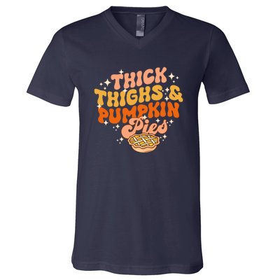 Thick Thighs Pumpkin Pies Autumn Thanksgiving Groovy Retro V-Neck T-Shirt