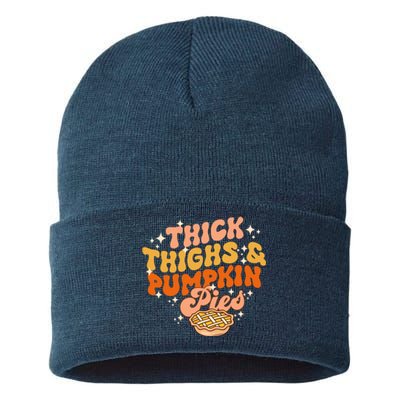 Thick Thighs Pumpkin Pies Autumn Thanksgiving Groovy Retro Sustainable Knit Beanie