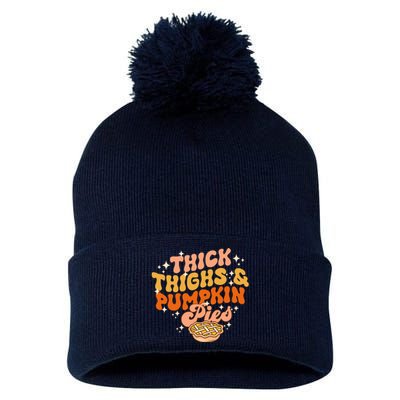 Thick Thighs Pumpkin Pies Autumn Thanksgiving Groovy Retro Pom Pom 12in Knit Beanie