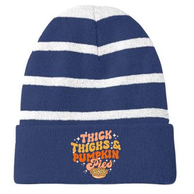 Thick Thighs Pumpkin Pies Autumn Thanksgiving Groovy Retro Striped Beanie with Solid Band