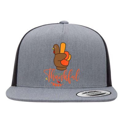 Thankful Turkey Peace Hand Sign Family Thanksgiving Party Flat Bill Trucker Hat