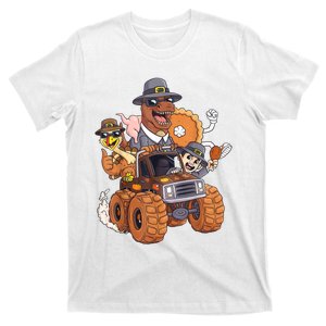 Thanksgiving Turkey Pie Pilgrim T Rex Riding Truck T-Shirt