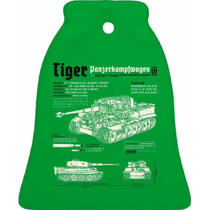 Tiger Tank Panzer World War 2 Blueprint Ceramic Bell Ornament