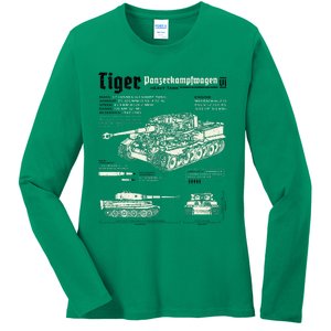 Tiger Tank Panzer World War 2 Blueprint Ladies Long Sleeve Shirt