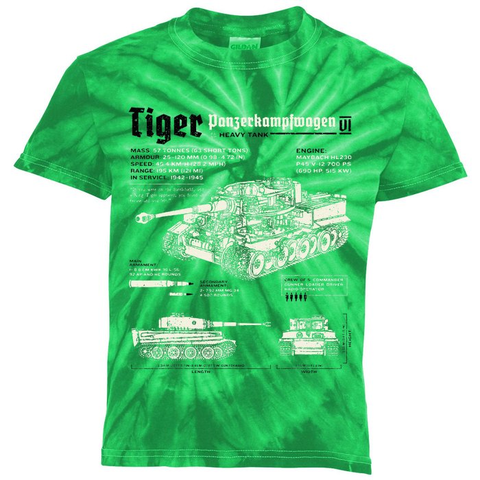 Tiger Tank Panzer World War 2 Blueprint Kids Tie-Dye T-Shirt