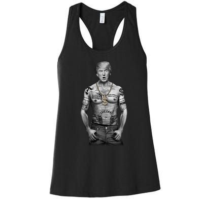 Trump Tattoo Patriotic Gangster Anti Liberal Pro Trump Republican Gifts Women's Racerback Tank