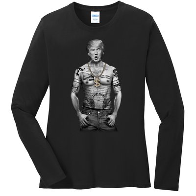 Trump Tattoo Patriotic Gangster Anti Liberal Pro Trump Republican Gifts Ladies Long Sleeve Shirt