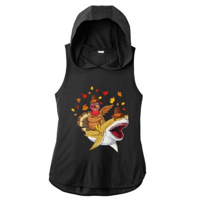 Thanksgiving Turkey Riding Shark Funny Toddler Boys Premium Ladies PosiCharge Tri-Blend Wicking Draft Hoodie Tank