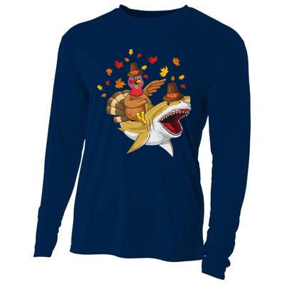 Thanksgiving Turkey Riding Shark Funny Toddler Boys Premium Cooling Performance Long Sleeve Crew