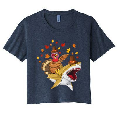 Thanksgiving Turkey Riding Shark Funny Toddler Boys Premium Women's Crop Top Tee