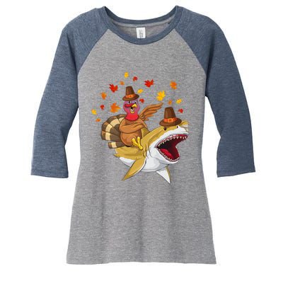 Thanksgiving Turkey Riding Shark Funny Toddler Boys Premium Women's Tri-Blend 3/4-Sleeve Raglan Shirt