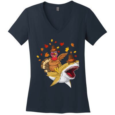 Thanksgiving Turkey Riding Shark Funny Toddler Boys Premium Women's V-Neck T-Shirt