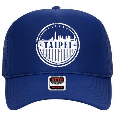 Taipei Taiwan Retro Grunge City Skyline Graphic Gift High Crown Mesh Back Trucker Hat