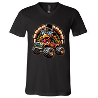 Thanksgiving Turkey Riding Monster Truck V-Neck T-Shirt