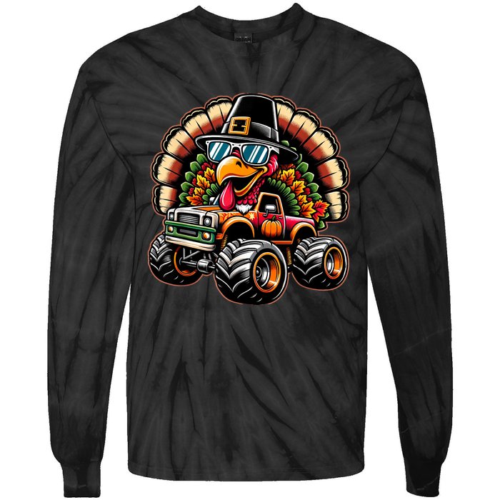 Thanksgiving Turkey Riding Monster Truck Tie-Dye Long Sleeve Shirt