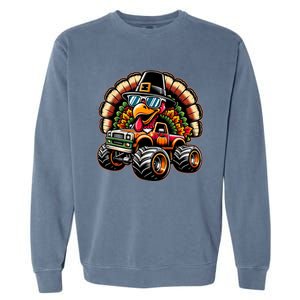 Thanksgiving Turkey Riding Monster Truck Garment-Dyed Sweatshirt