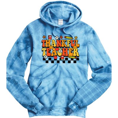 Thankful Teacher Retro Groovy Thanksgiving Fall Tie Dye Hoodie